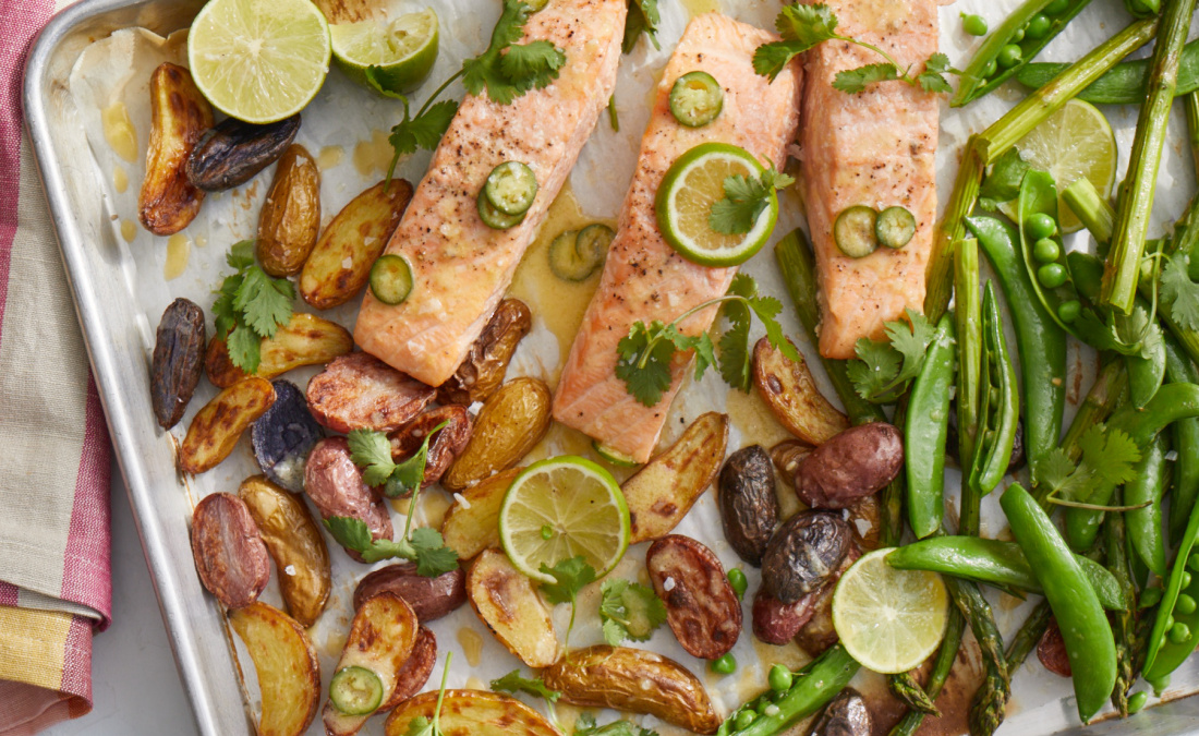 Sheet Pan Salmon, Fingerling Potatoes & Asparagus with Citrus Miso Sauce