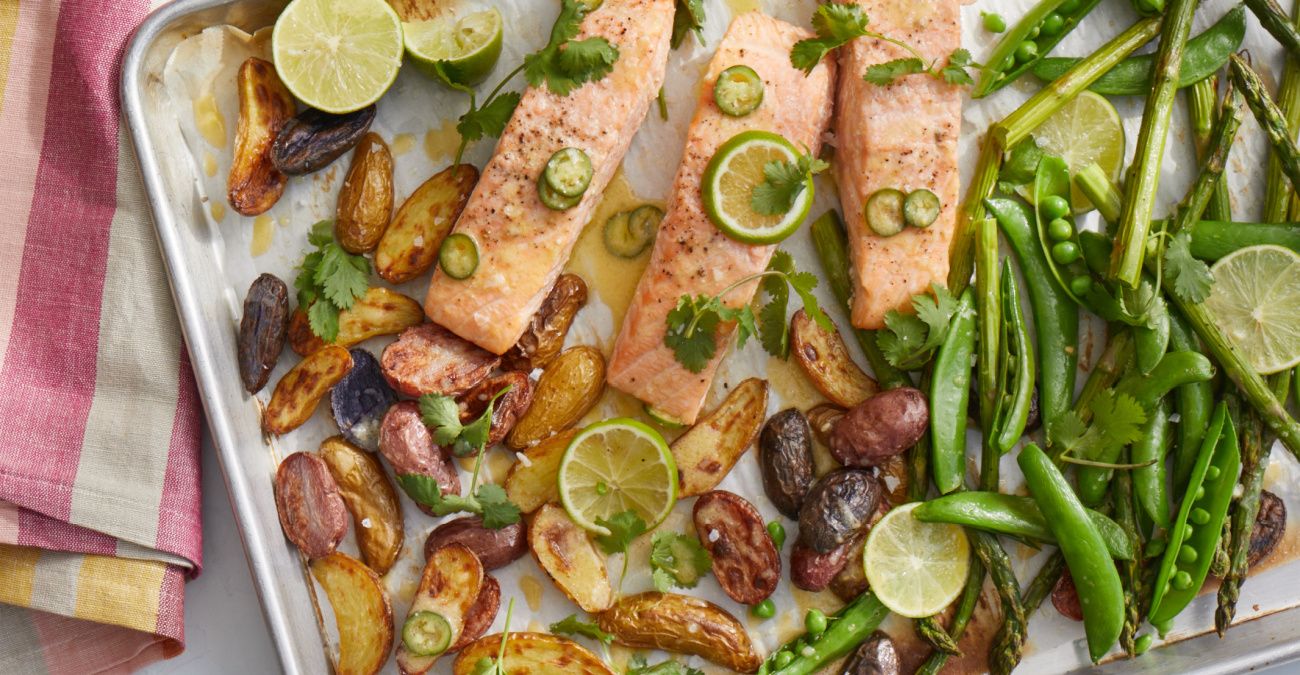 Sheet Pan Salmon, Fingerling Potatoes & Asparagus with Citrus Miso Sauce